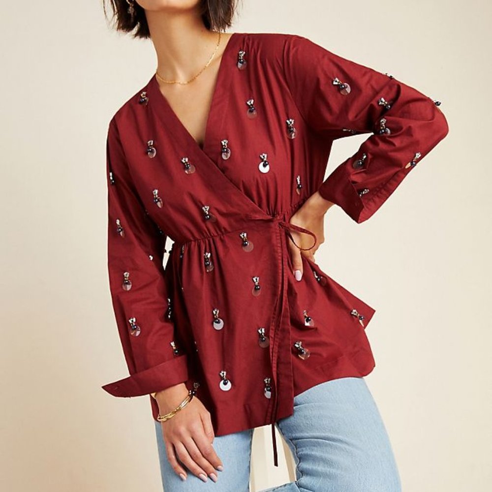 Anthropologie NWT Romana Beaded Babydoll Blouse